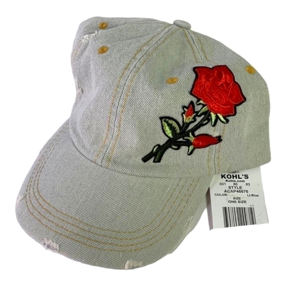 Distressed Denim Ball Cap Embroidered Rose Adjustable Hat - Picture 2 of 7